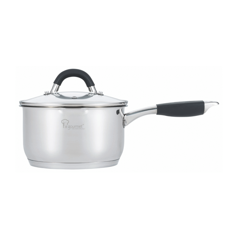 La gourmet Aura 18x10cm Stainless Steel Saucepan with Strainer, Glass Lid & Silicone Handle,2.5L