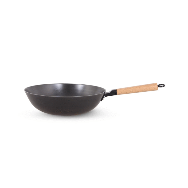 La gourmet 20 x 6.5cm Nitrigan Cast Iron Wok with Long Wooden Handle, 1.5L (IH)