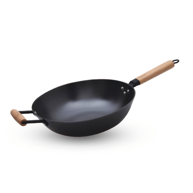 La gourmet Nitrigan 30 x 8.7cm Cast Iron Wok with Long Wooden Handle & Helper Handle, 4L (IH)