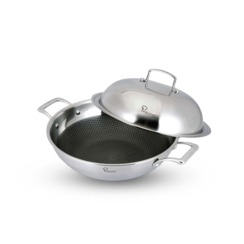 La gourmet Galactic 32 x 9.5cm Stainless Steel Honeycomb Non-stick Wok with Stainless Steel Cover, 5L (IH)