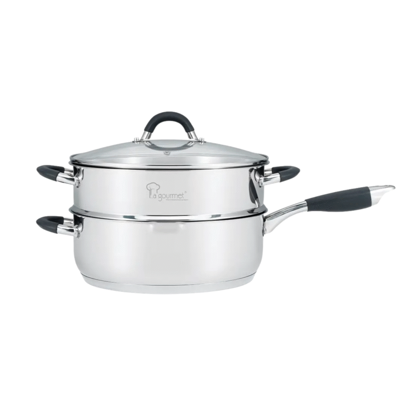 La gourmet Aura 28x9.5cm Deep Frypan with 28cmx9cm Steamer Insert & Glass Lid, 5.2L