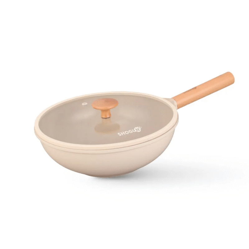 Shogun Ivory Ceragan Ceramic 28 x 9.5cm Wok with Silicone Rim Glass Lid, 3.8L (Induction)