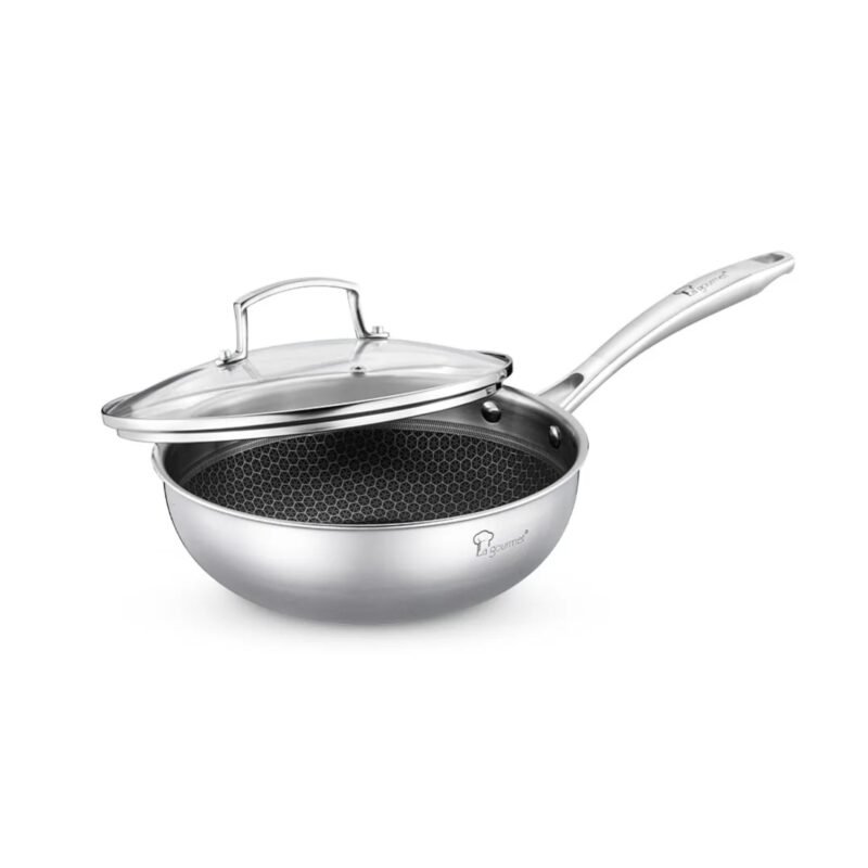 La gourmet Galactic 24 x 8cm Stainless Steel Honeycomb Non-stick Stirfry Wok with Glass Lid, 2.5L (IH)